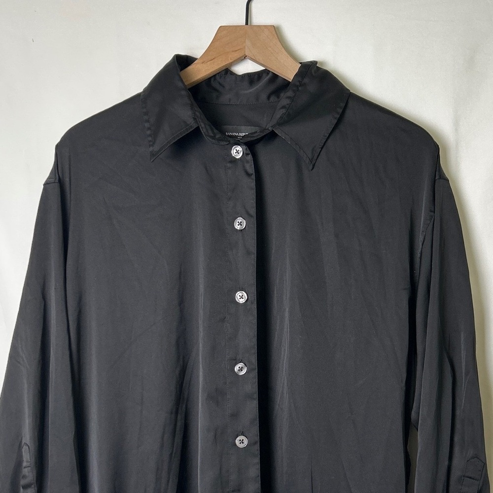 Banana Republic Womens Satin Button Down Shirt Dress Size M Black Minimalist - Picture 2 of 10